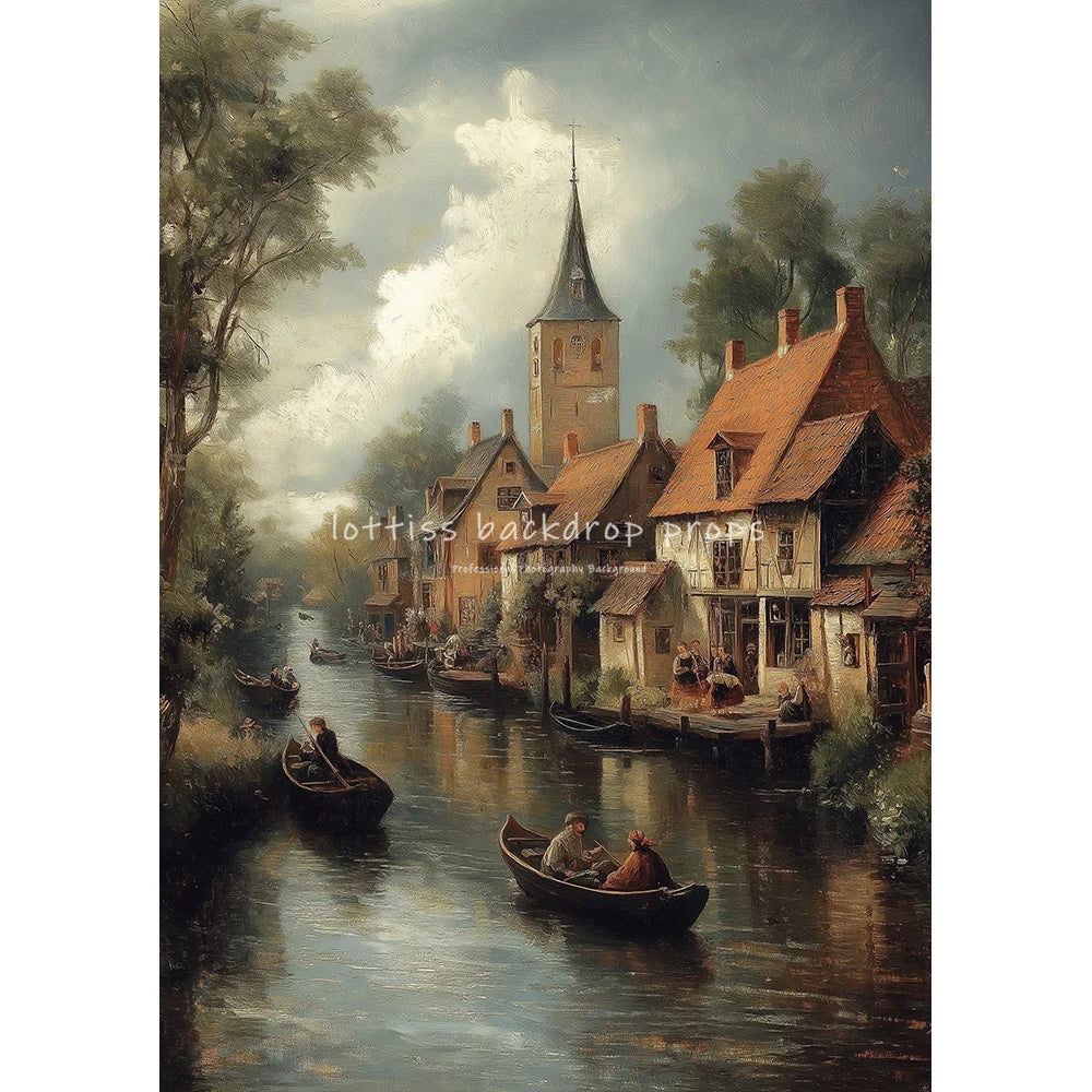 Countryside River Cottage Vintage Scenery Oil Painting Photography Backdrops Kids Adult Photocall Sunset Village Backgrounds