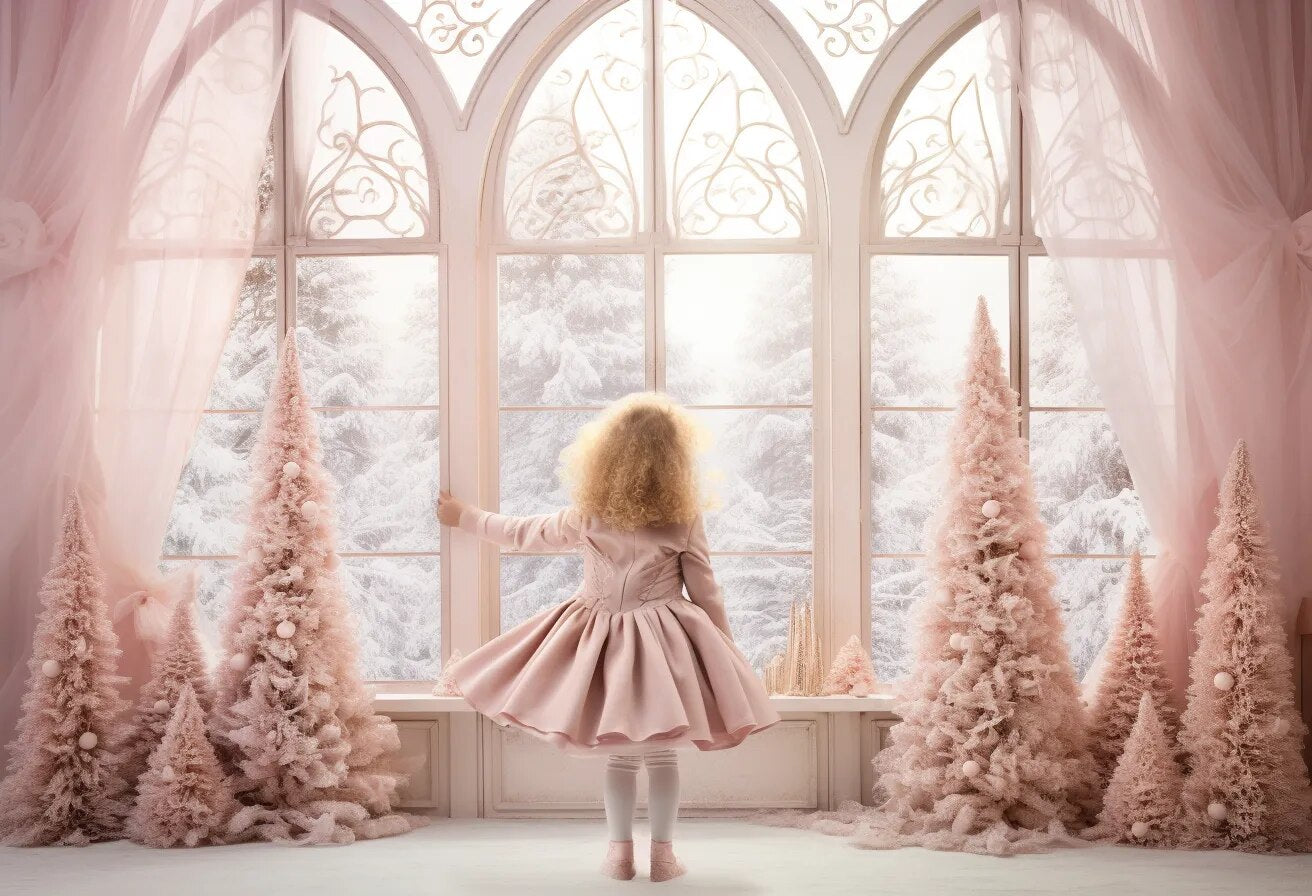 Arrière-plan de fenêtres de noël, accessoires de photographie pour enfants et adultes, décors de séance photo pour enfants et bébés, arrière-plan d'arbres de noël roses 