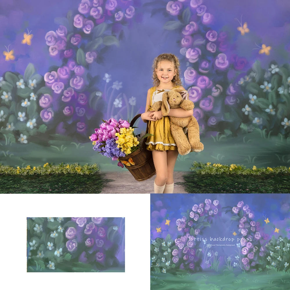 Spring Rose Garden Backdrops Girl Kids Photography Props Child Adult Photocall Decors Purple Floral Arch Backgrounds