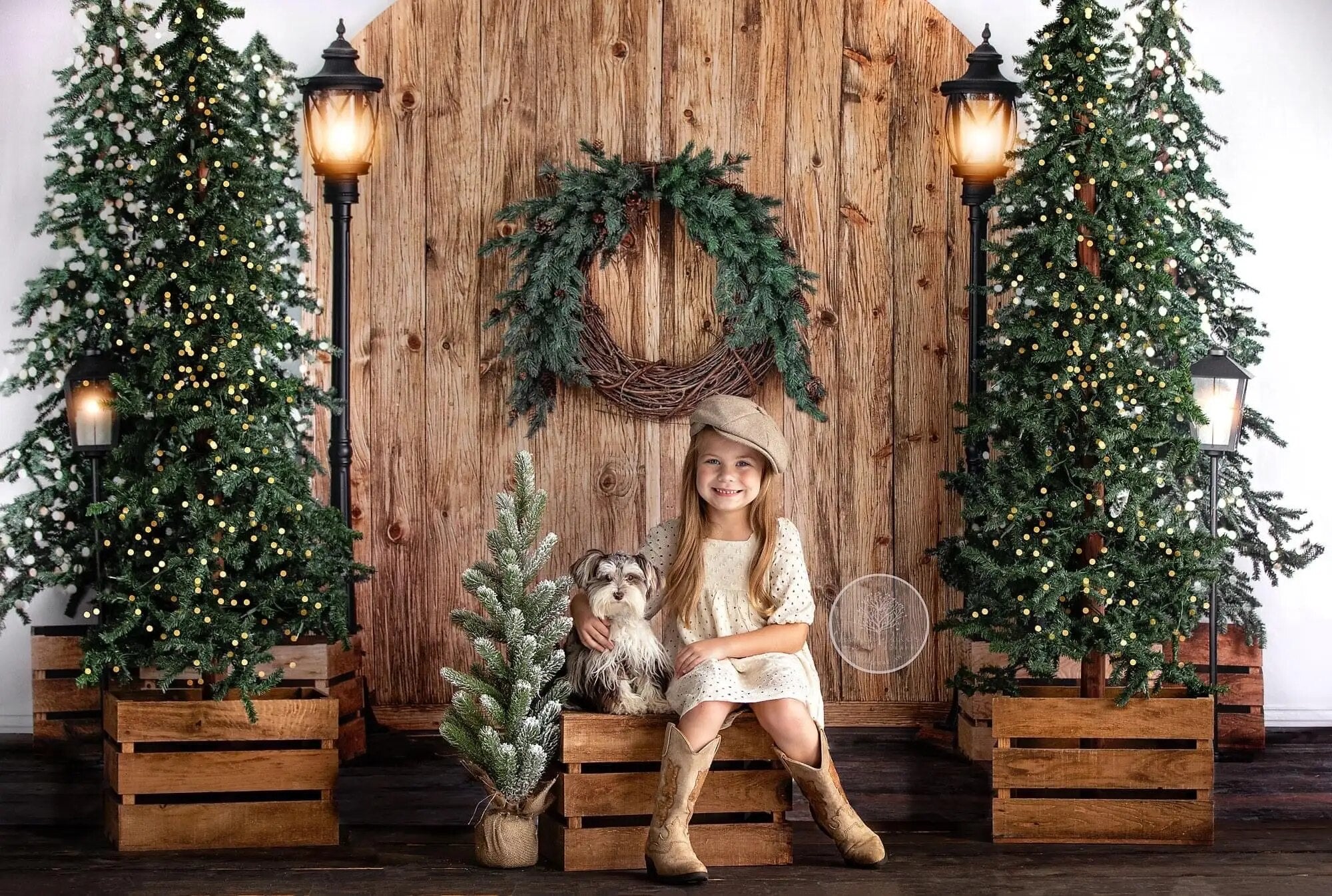 Passage en chêne doré avec lumières, arrière-plan de photographie pour enfants et bébés, décor de séance photo pour enfants et adultes, arrière-plan de porte de grange de noël 