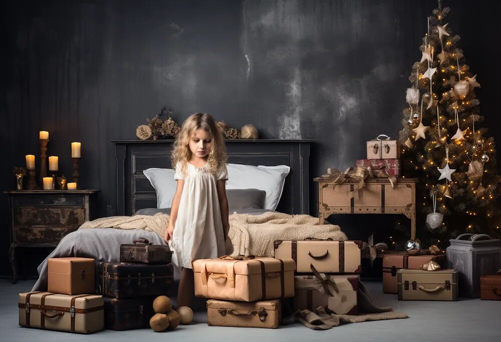 Arrière-plan de chambre à coucher de noël, photographie de bébé, enfant adulte, séance photo, arbres de noël, porte en bois, arrière-plan de salon 