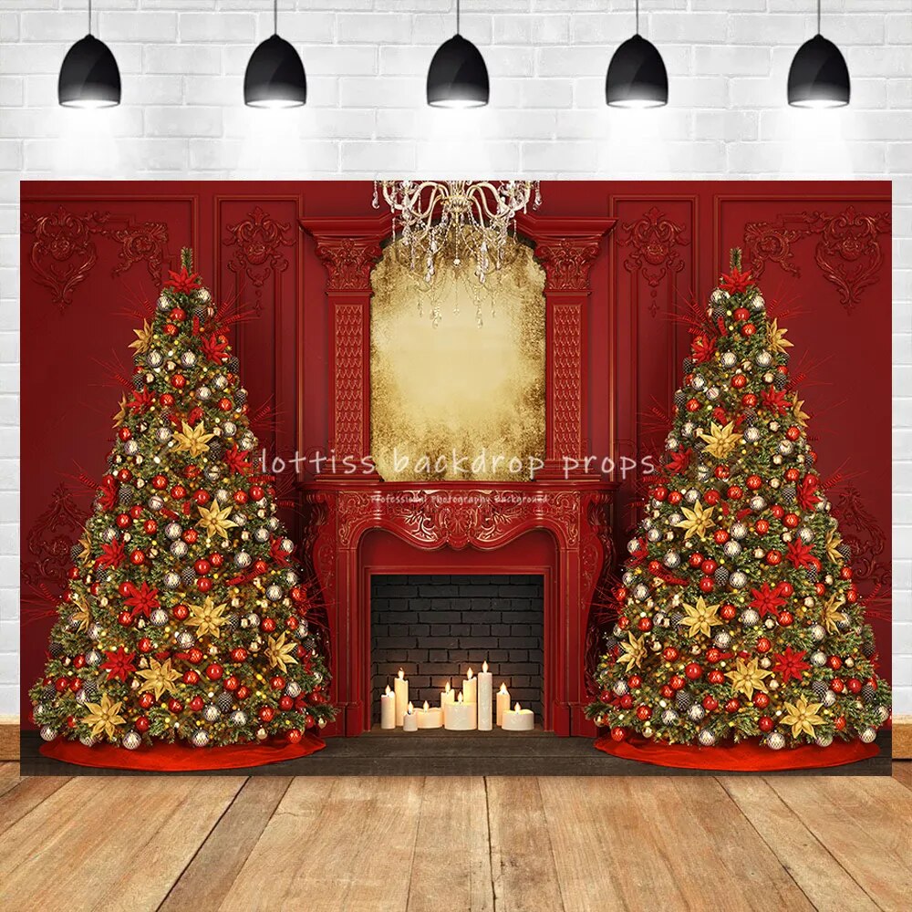 Red Gorgeous Xmas Fireplace Background Retro Wall Christmas Trees Gift Box Background Baby Girl Family Photostudio Props