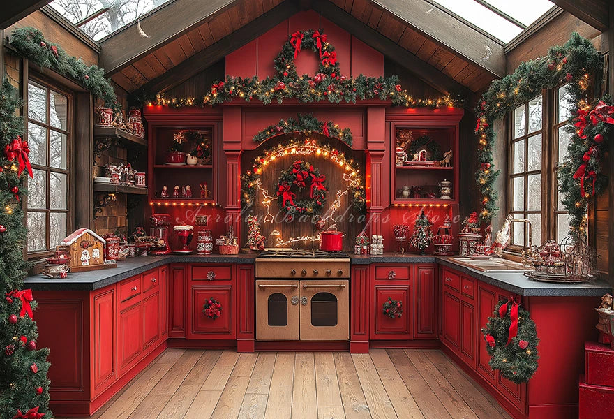 Christmas Red Kitchen With Gingerbread House Backdrop Green Cabinet Kids Baby Cake Smash Photography Props Studio Backgrounds