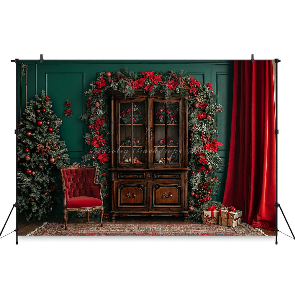 Large Cabinet With Christmas Decorations Photo Backdrop Kids Baby Cake Smash Photography Props Family Party Photocall Background