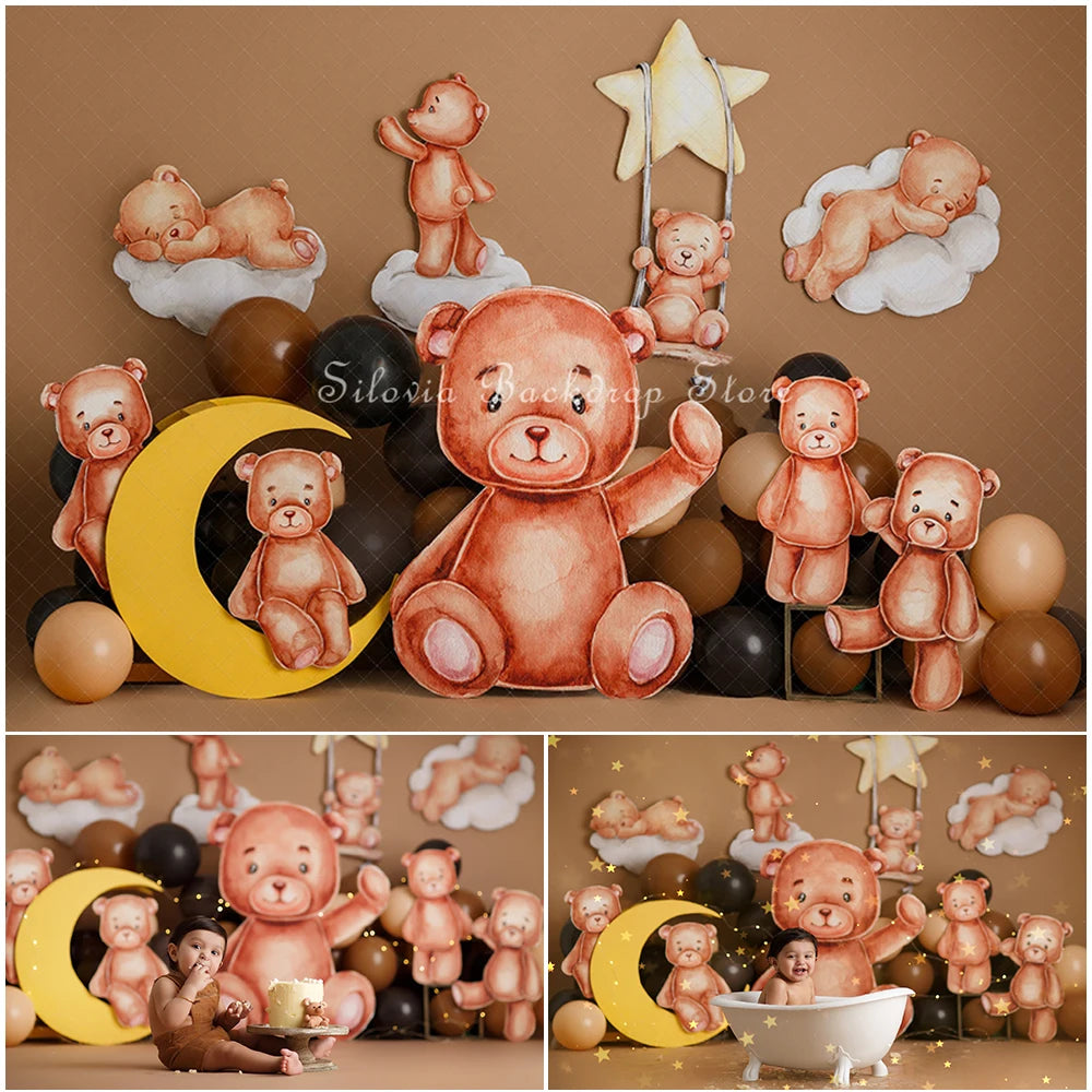 Brown Cute Bear Clouds Photo Background Children Birthday Cake Smash Photography Backdrop Balloon Decoration Photo Studio Props