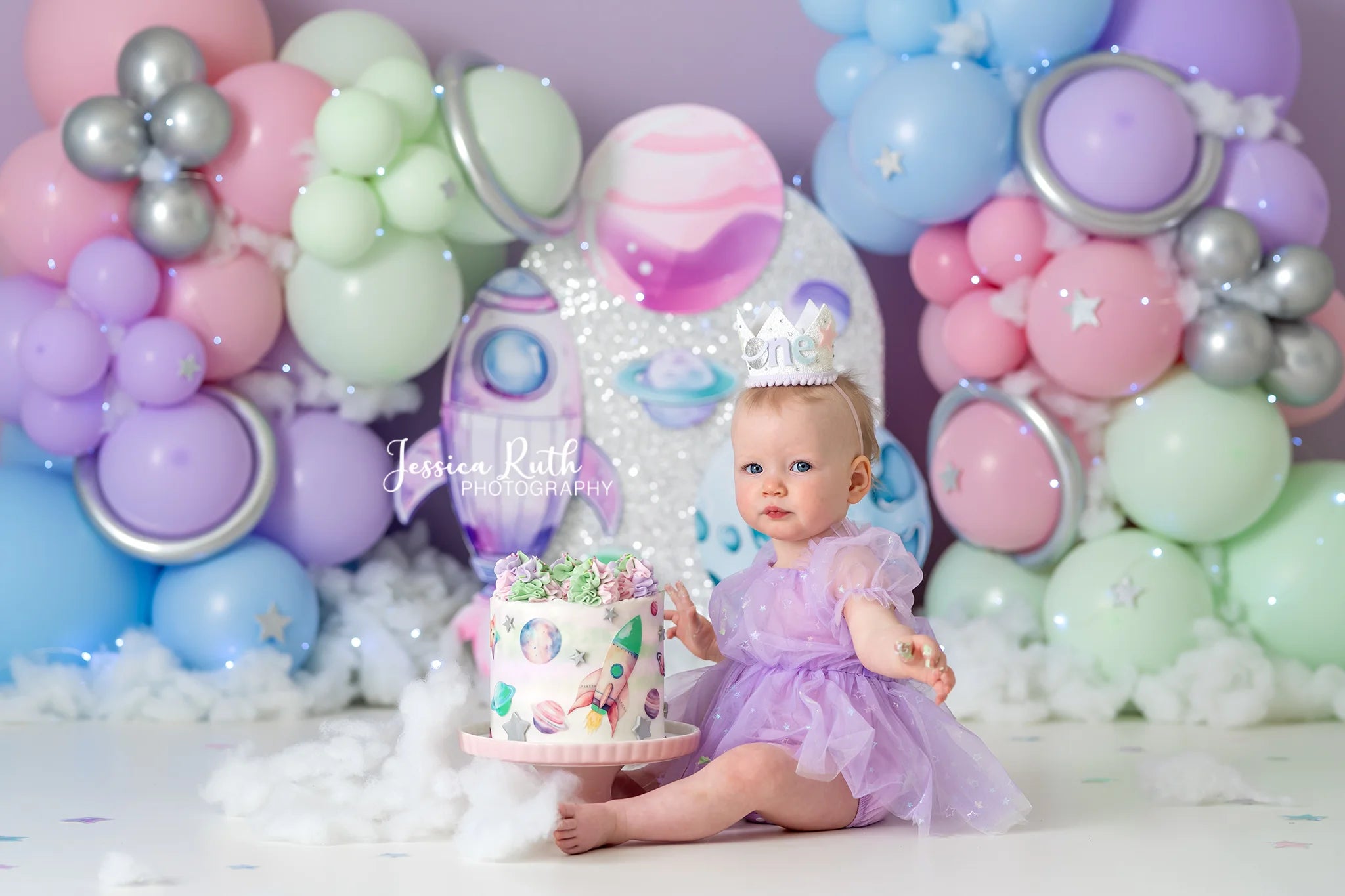 Pastel Space Balloons Arch Photo Backdrop Kids Baby Cake Smash Photography Props Child Adult Birthday Studio Backgrounds