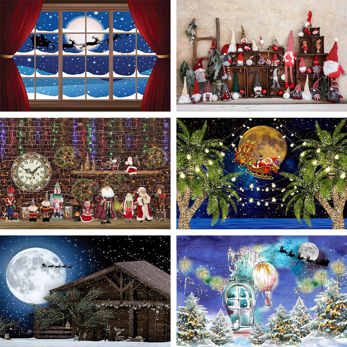 Christmas Santa Backdrop Flying to the Moon Window Snow Tree Street Backdrop Night Sky Reinder Snow Background Photobooth