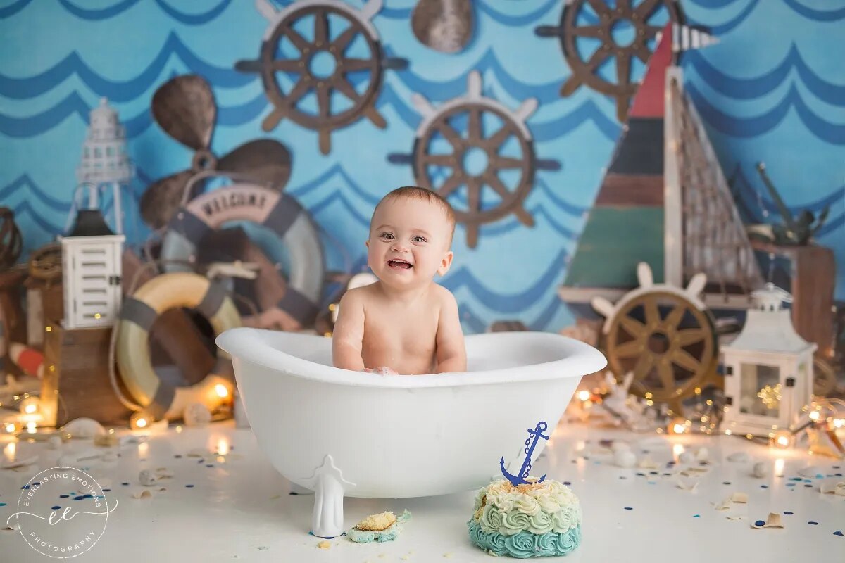 Arrière-plan de photographie de voilier, gâteau pour enfants, accessoires de fête d'anniversaire pour bébé, bateau Pirate, capitaine, arrière-plan pour studio photo 