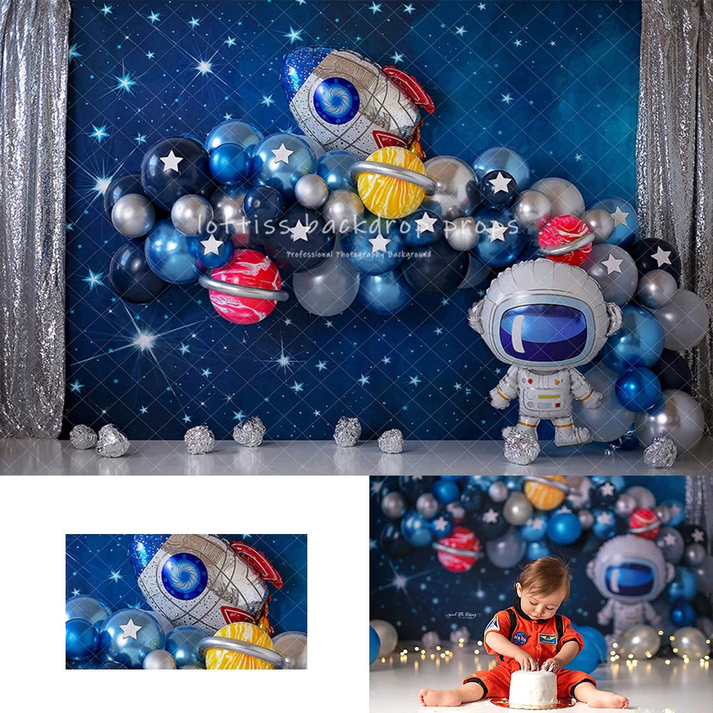 Cosmic Party Astronaut Backdrops Kids Baby Cake Smash Photography Child Adult Photocall Stars Balloons Backgrounds