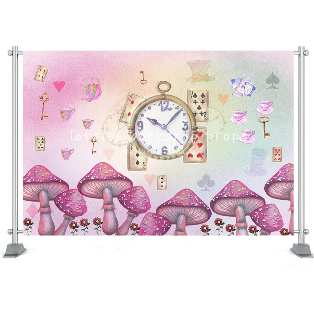 Alice au pays des merveilles thème anniversaire fond bébé enfants fille fête d'anniversaire accessoires thé fête chapelier fou dessin animé décor toile de fond