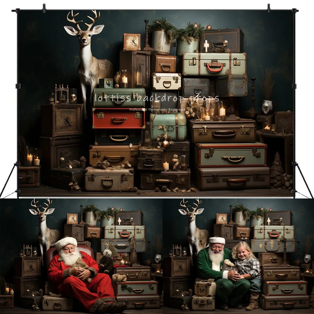 Christmas Deer Travel Box Photography Backdrop Kids Baby Photocall Props Child Adult Xmas Festival Decors Santas Room Background