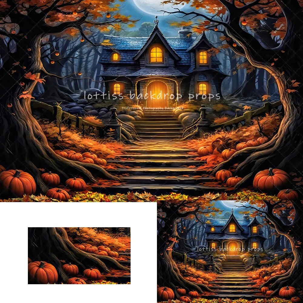 Arrière-plan de chalet hanté d'halloween, photographie de Portrait d'enfants, gâteau de bébé, Smash d'automne, lanterne de citrouille 