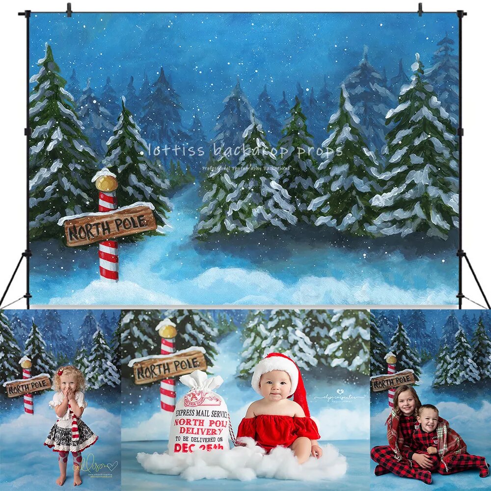 Xmas Sleigh Ride Backdrops Kids Baby Photography Props Adult Child Birthday Cake Smash Decors Christmas Snowy Forest Background