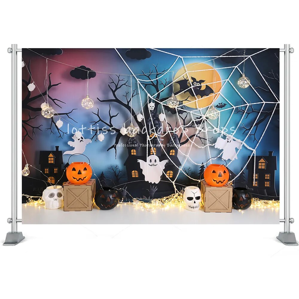 Arrière-plan de maison d'halloween, château, forêt, lune, pierre tombale, décor de Festival, lanterne de citrouille, accessoires de Studio Photo