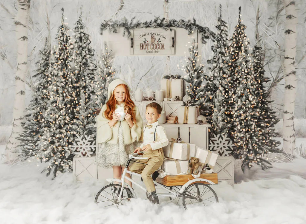 Creamy Cocoa Stand Backdrops Xmas Snowy Kids Baby Portrait Photography Family Photocall Christmas Forest Snowflake Background