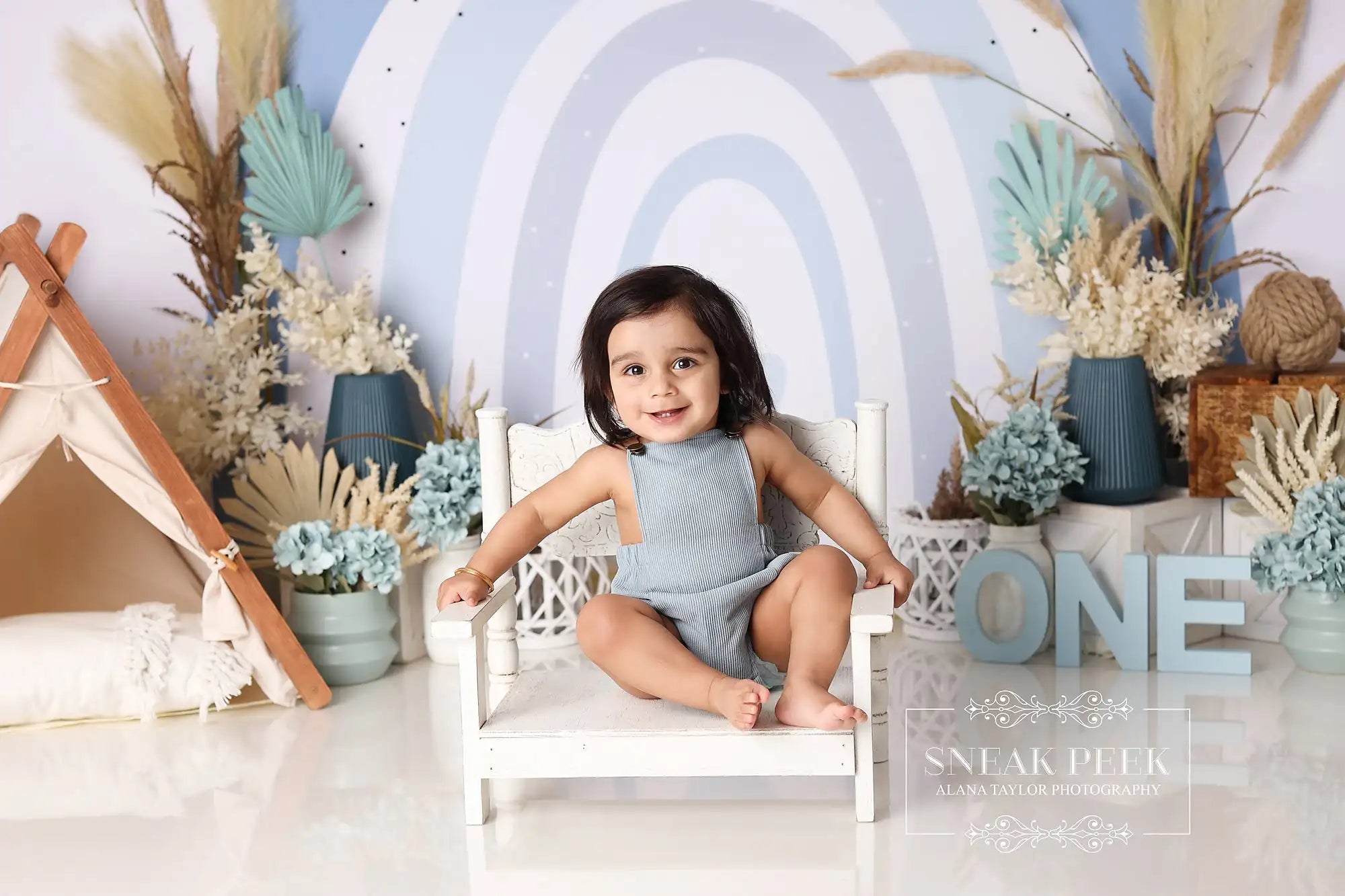 Blue Boho Rainbow Backdrops Baby Boy Birthday Cake Smash Photography Child Adult Photocall Decors Backgrounds