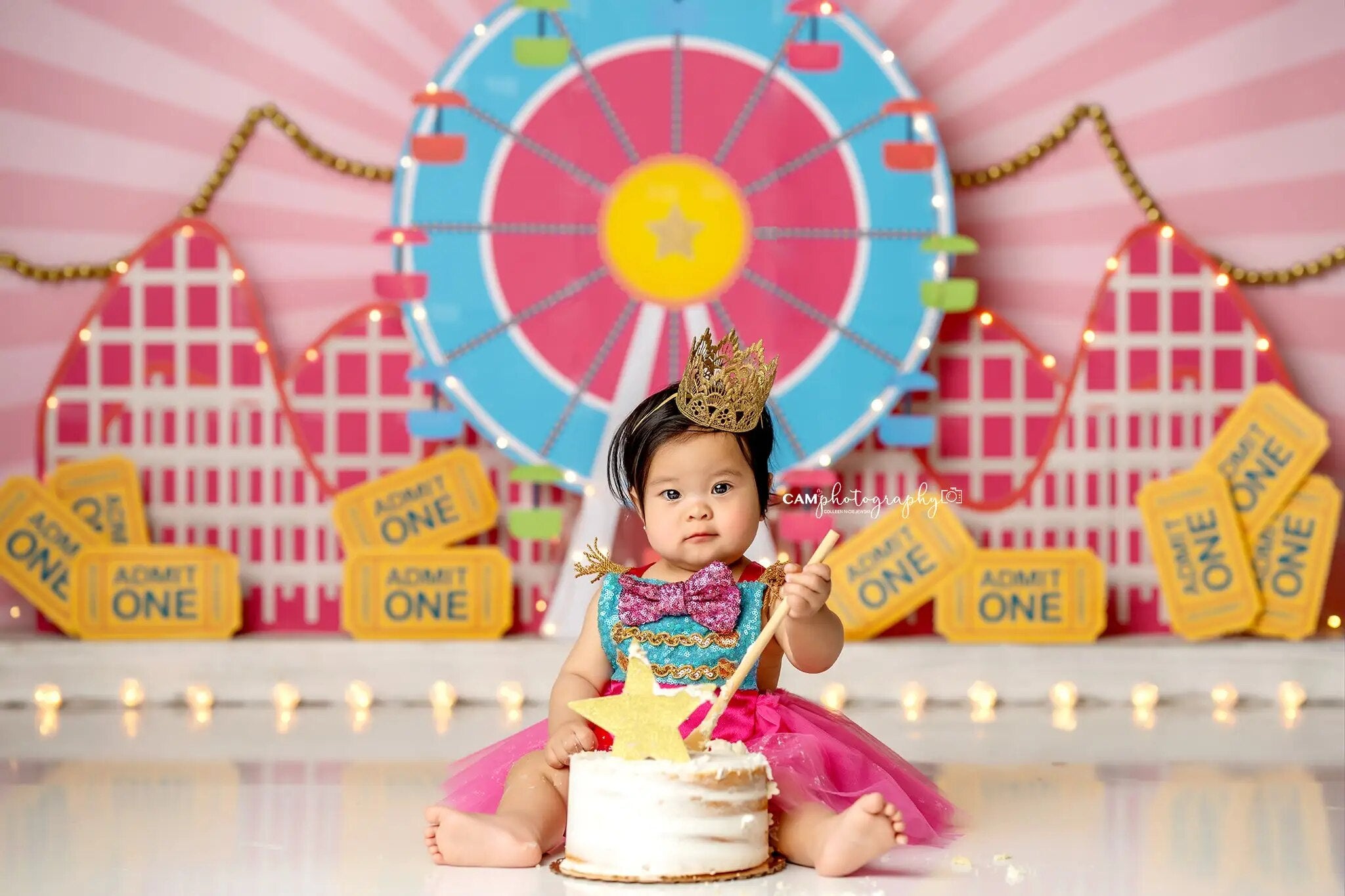 Arrière-plan de cirque de montagnes russes, gâteau d'anniversaire pour enfants, accessoires de studio photo pour bébé, arrière-plan de grande roue d'été pour garçon 