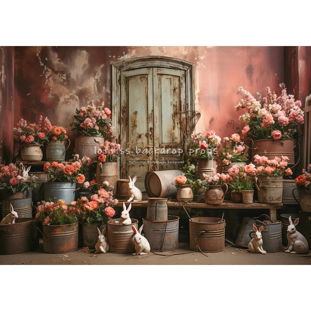 Bunny Easter Spring Room Filled With Flower Pots Backdrops Kids Girl Photography Baby Adult Photocall Floral Window Backgrounds