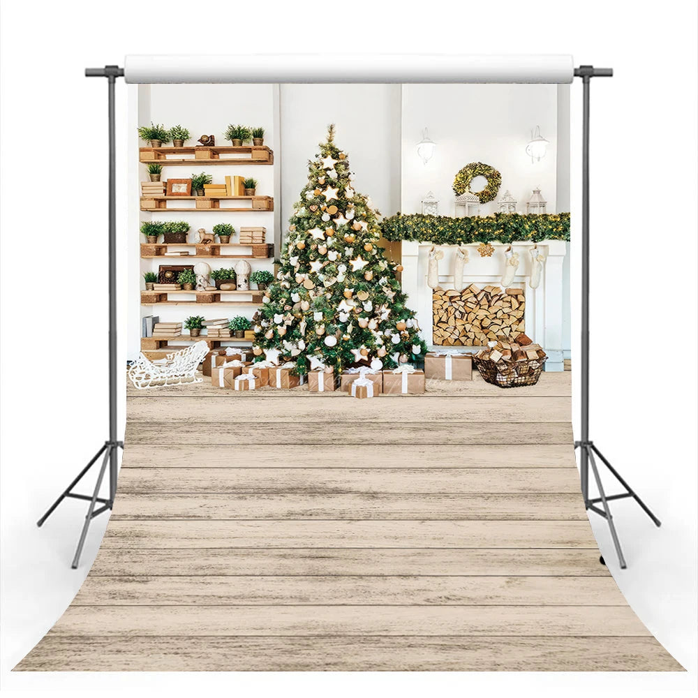 Gifts Under the Christmas Tree Photography Backdrop Kitchen Decorated for the Holidays Kids Baby Cake Smash Photocall Decors