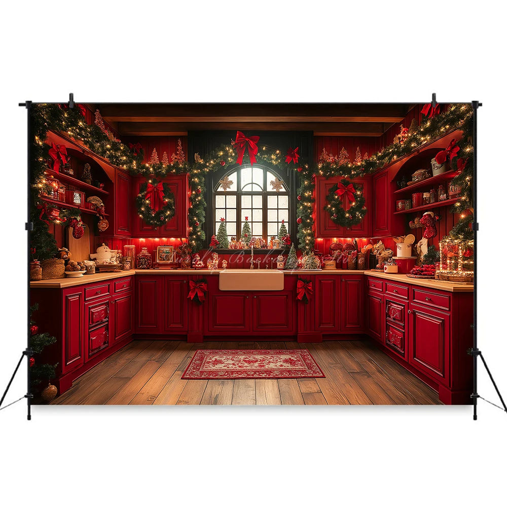 Christmas Red Kitchen With Gingerbread House Backdrop Green Cabinet Kids Baby Cake Smash Photography Props Studio Backgrounds