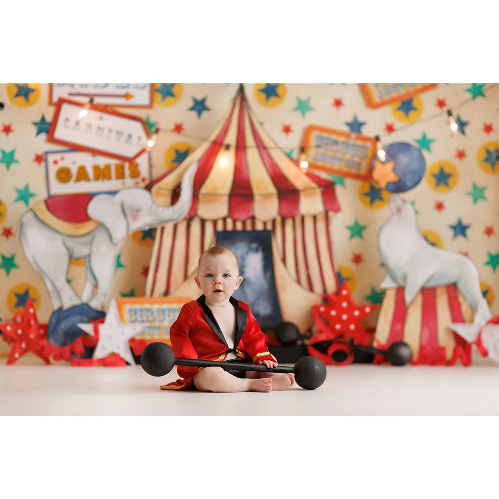 Circus Admit One Photography Backdrop Birthday Cake Smash Photo Background Red White Striped Tent Elephant Photo Studio Props