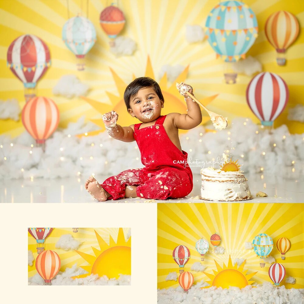 Summer Balloon Ride Backdrops Child Baby Birthday Cake Smash Props Adult Kids Photography Background