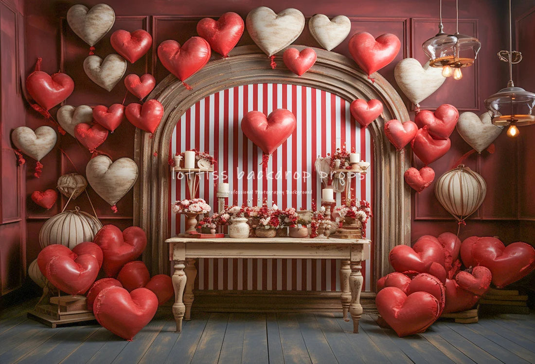 Valentine's Day Store Front Backdrops Kids Girl Photography Props Child Adult Photocall Rose Red Striped Balloon Backgrounds