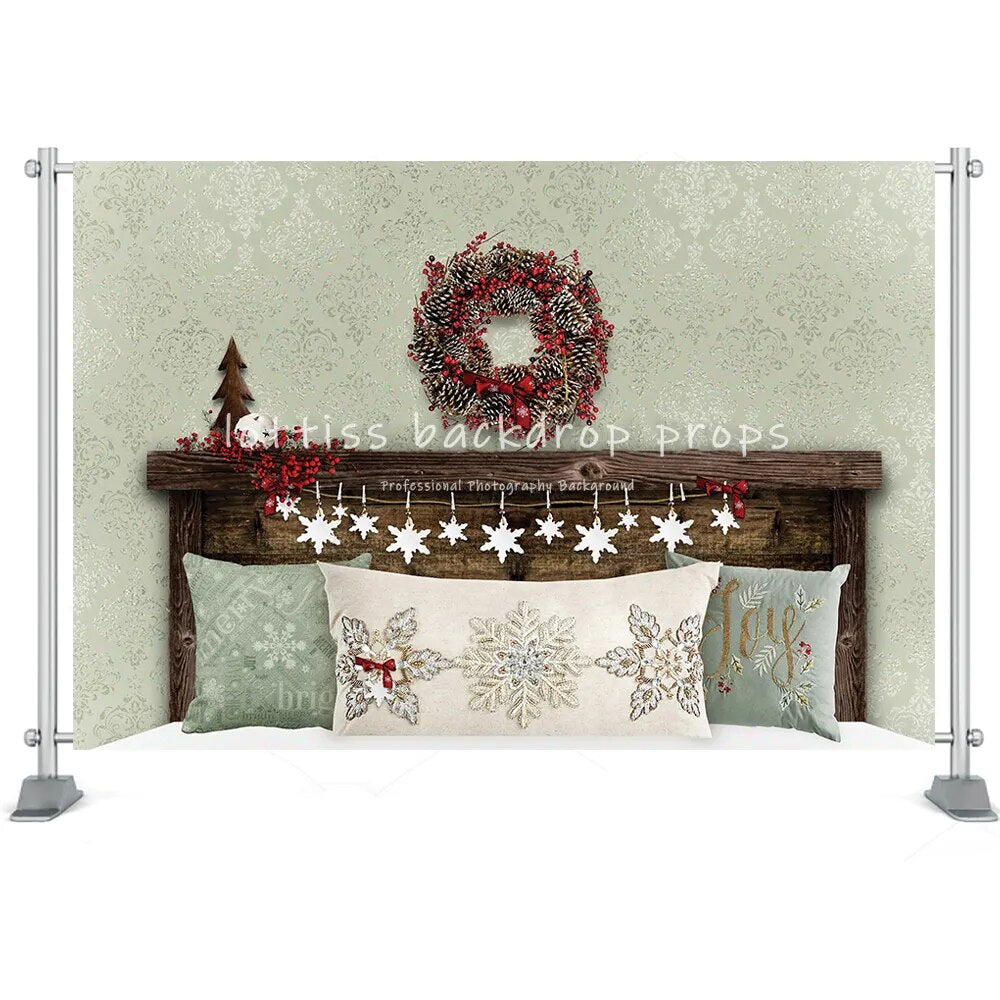 Christmas HeadBoard Photography Backdrop Baby Portrait Photographic Wreath Bed Wooden Wall Decor Family Kids Photo Studio