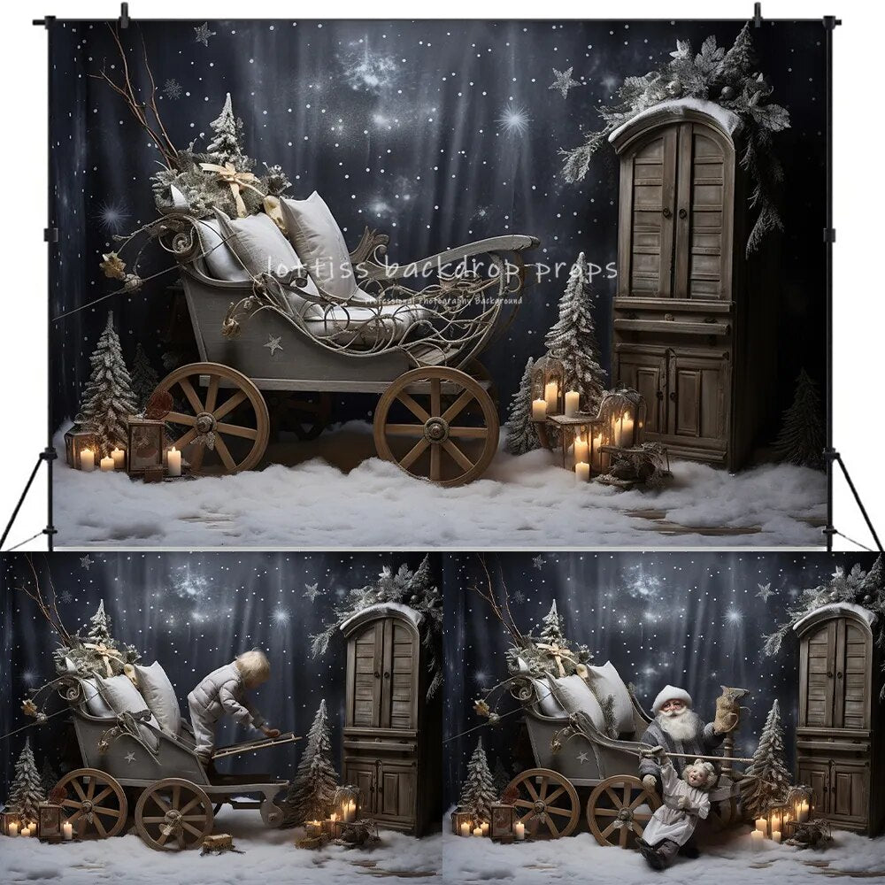 Arrière-plan de forêt enneigée de noël, accessoires de photographie pour enfants et bébés, pour séance photo, flocon de neige, arrière-plan de chariot de noël 