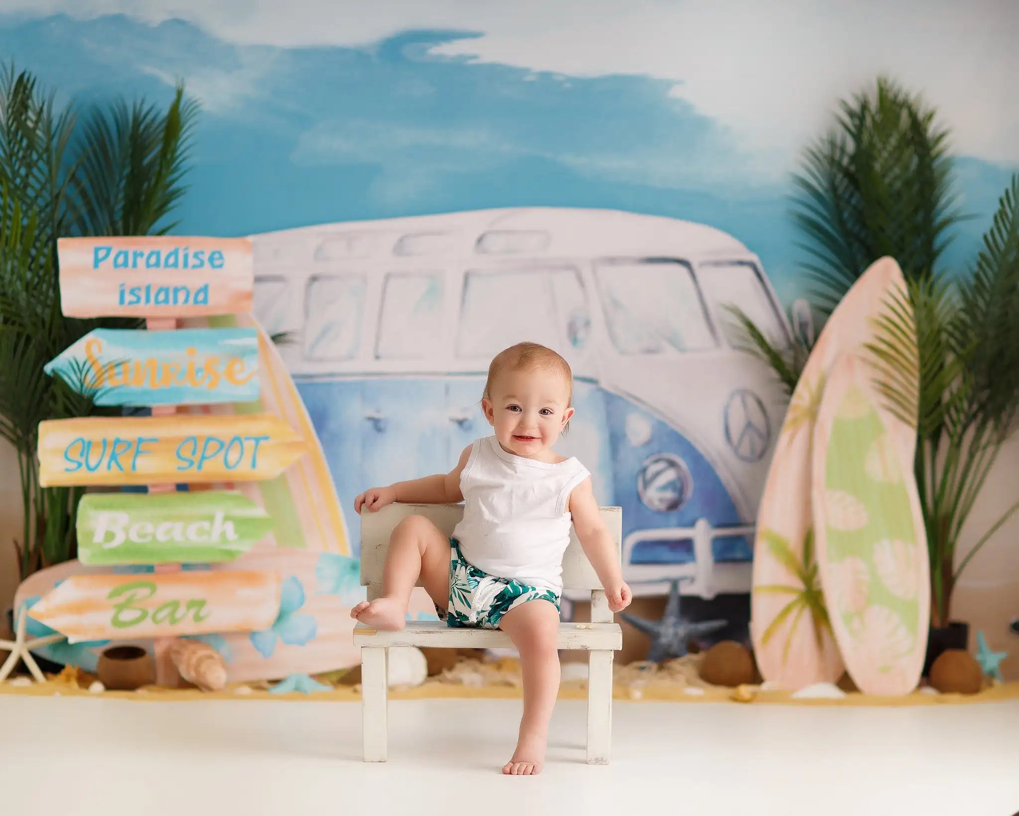 Summer Beach Surf Spot Backdrop Kids Baby 1st Birthday Photocall Decors Plam Trees and Bus Child Adult Photo Studio Backgrounds