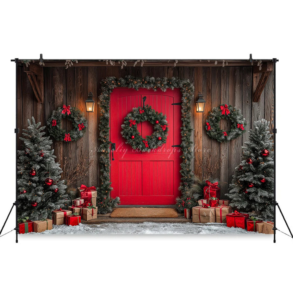 Christmas Red Door With Wreaths And Garlands Photography Backdrop Baby Kids Portrait Family Party Photocall Studio Backgrounds