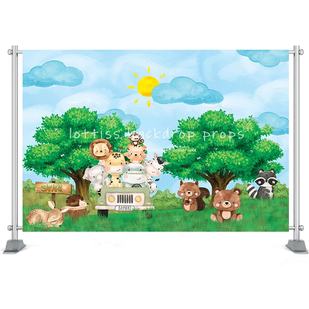 Safari Party Birthday Backdrop Photography Decoration Baby Wild Jungle Animals Party Cake Smash Decoratio Backdrop Photo Studio