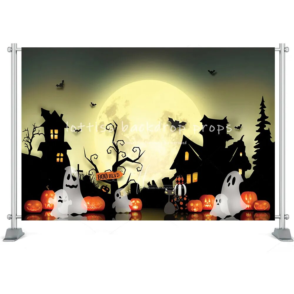 Halloween grande citrouille lanterne fond horreur lune nuit cimetière photographie enfants anniversaire Portrait atoile de fond Photo Studio