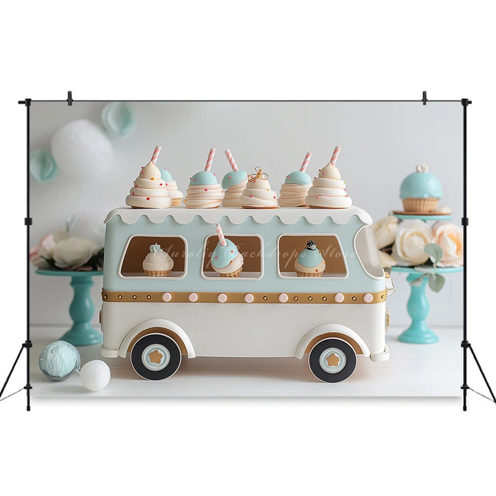 Ice Cream Truck Backdrop Kids Baby Cake Smash Photography Props Candy House Child Girls Adult Birthday Studio Backgrounds