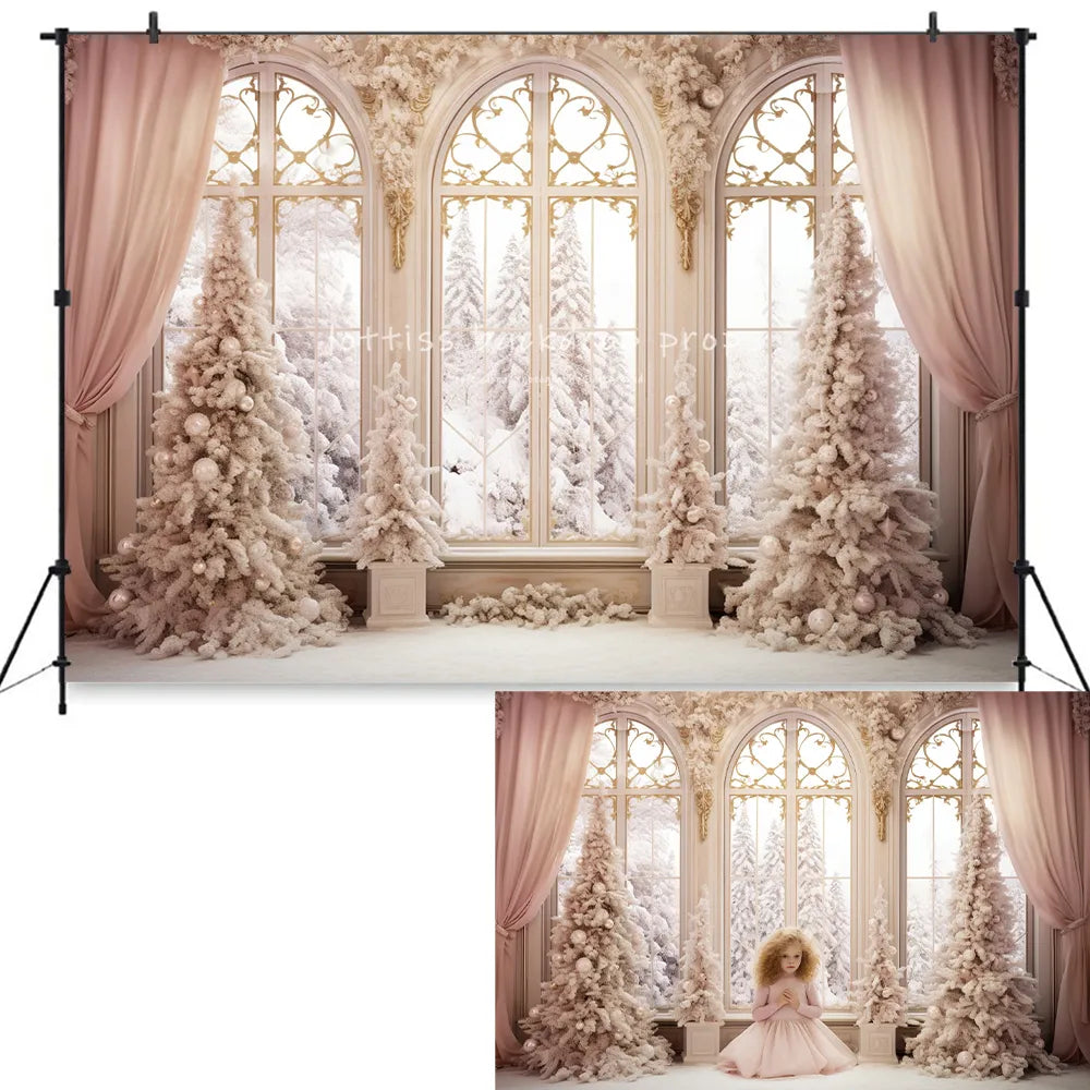 Christmas Windows Backdrops Kids Adult Photography Props Child Baby Photocall Decors Pink Xmas Trees Background