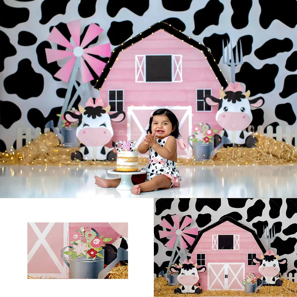 Farm Theme Pink Barn Backdrop Child Baby Cake Smash Photography Props Dairy Cow Girls Adult Photocall Decor Studio Backgrounds