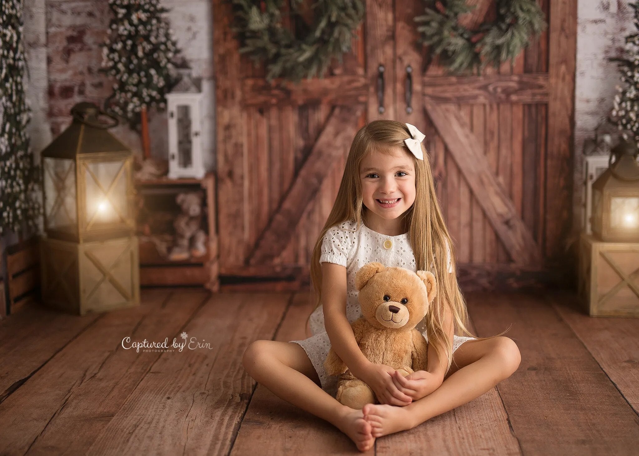 Arrière-plan de tête de lit de noël pour filles, photographie de Portrait d'enfants, arbres de noël, porte de grange, lit, planche de bois, arrière-plan pour studio photo 