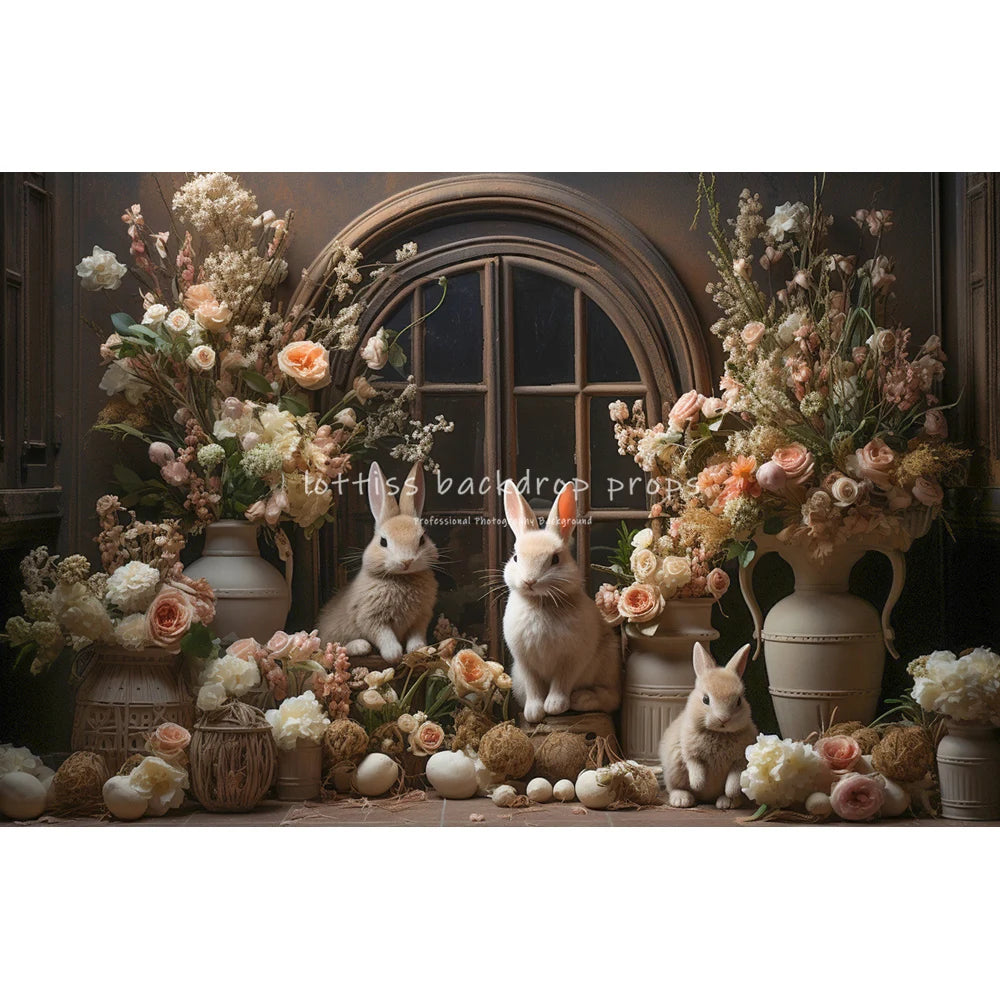 Easter Bunny On Windows With Large Flowers Backdrops Kids Baby Photocall Child Adult Photocall Spring Floral Eggs Backgrounds