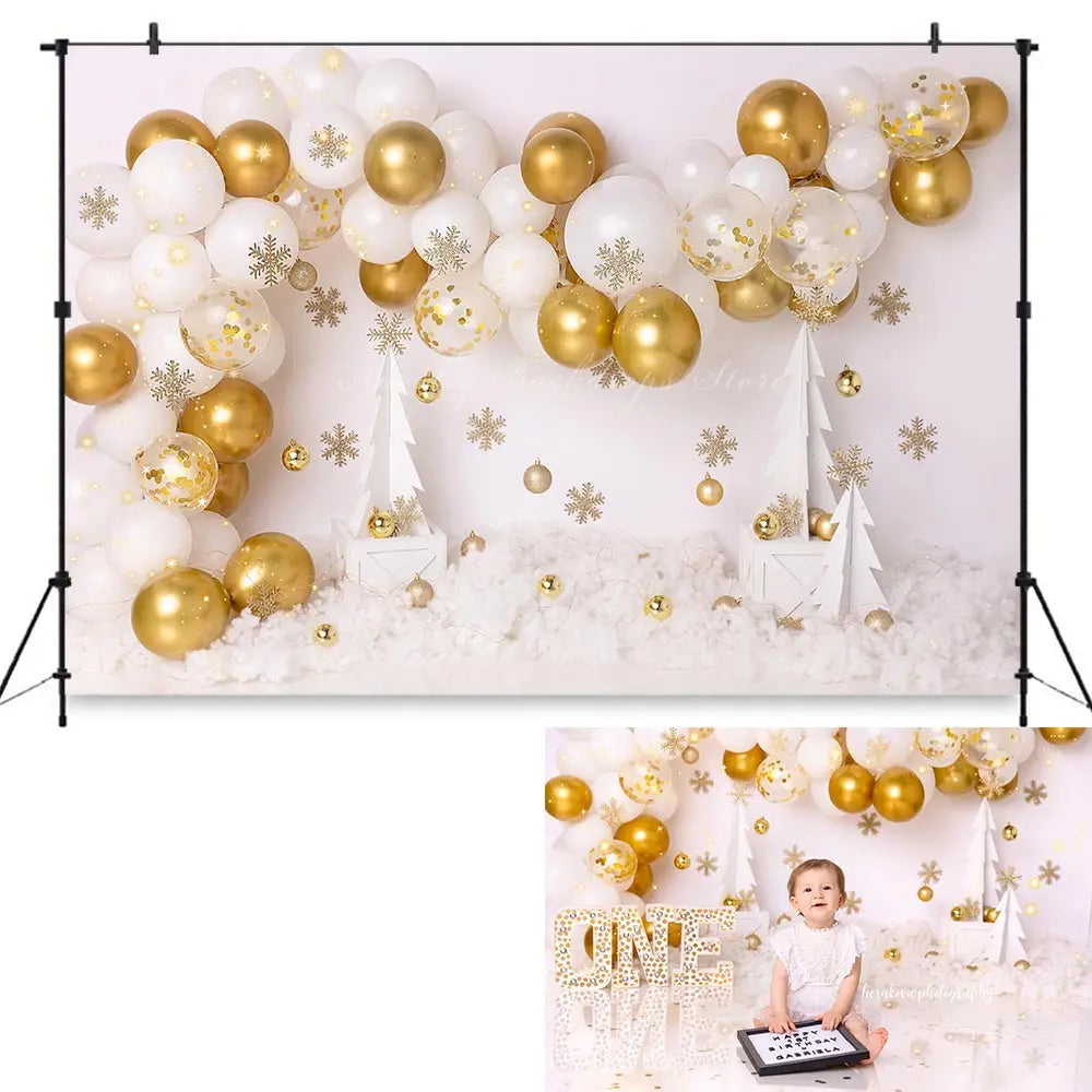 Gold and White Balloon Arch Birthday Backdrop Kids Baby Cake Smash Photography Props Child Adult Photo Shoot Backgrounds