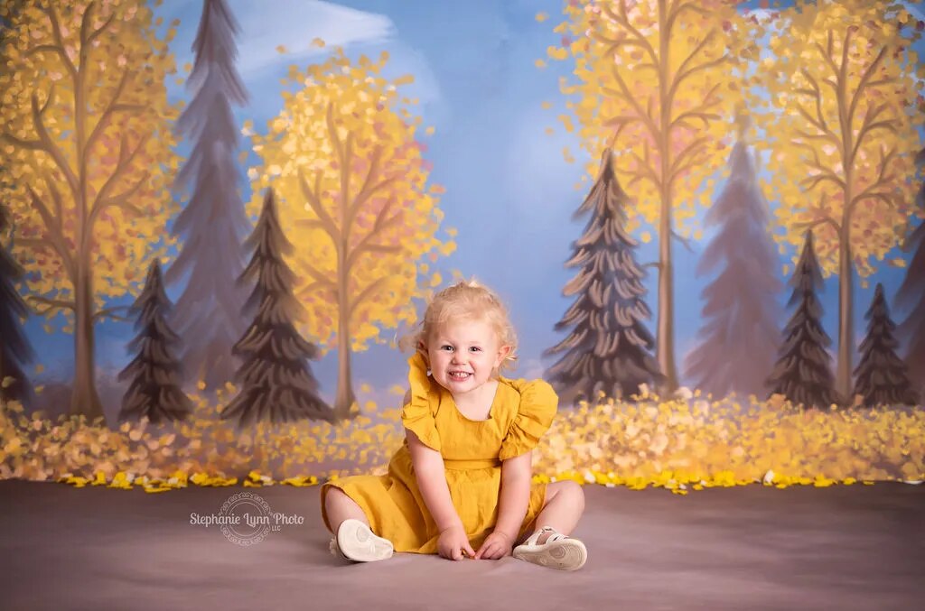 Arrière-plan de forêt d'automne pour enfants, photographie d'anniversaire de bébé, gâteau pour enfants et adultes, séance photo, feuilles d'automne jaunes, arrière-plan d'arbres 