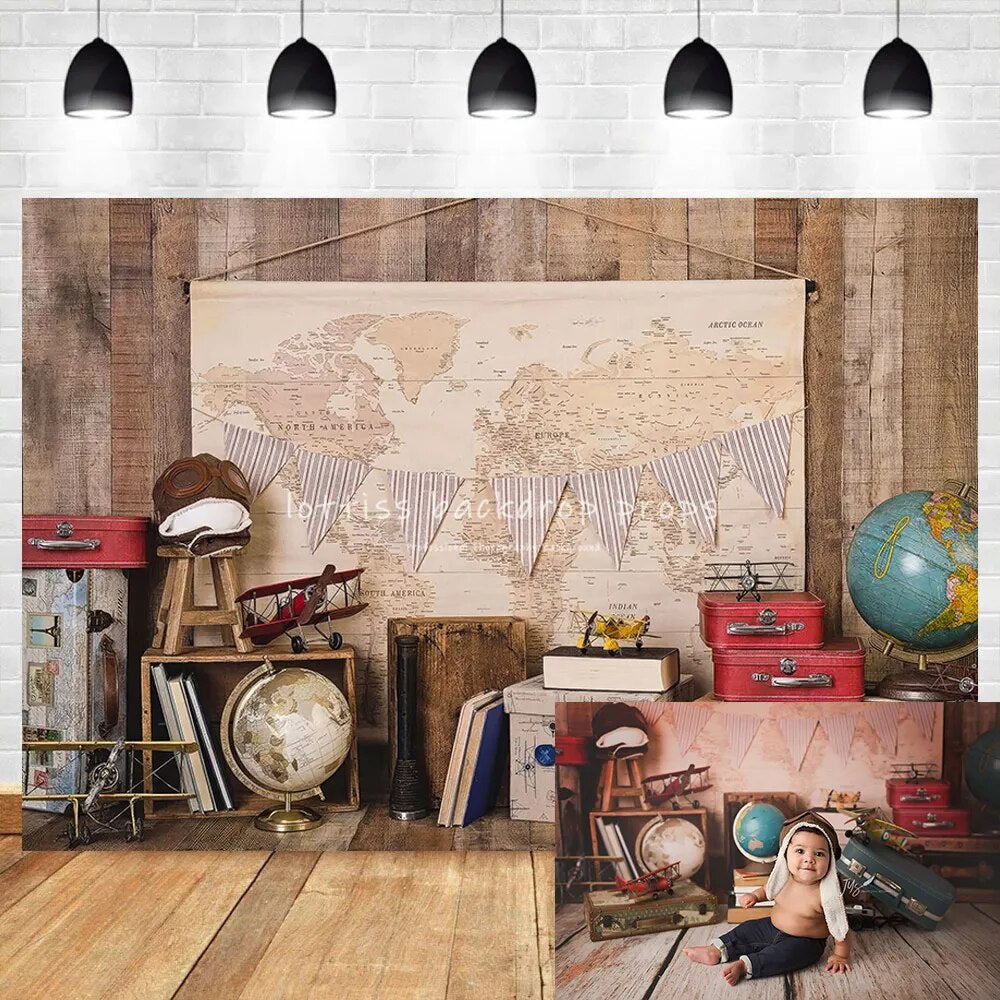 Voyage dans le monde décors enfants gâteau Smash accessoires enfant bébé anniversaire bannière décor carte du monde bébé enfants Photostudio fond 