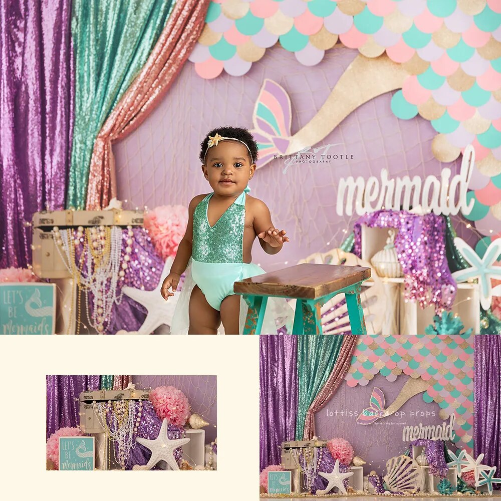 Under The Sea Theme Backdrops Little Mermaid Kids Photography Birthday Cake Smash Props Child Girl Photocall Undersea Background