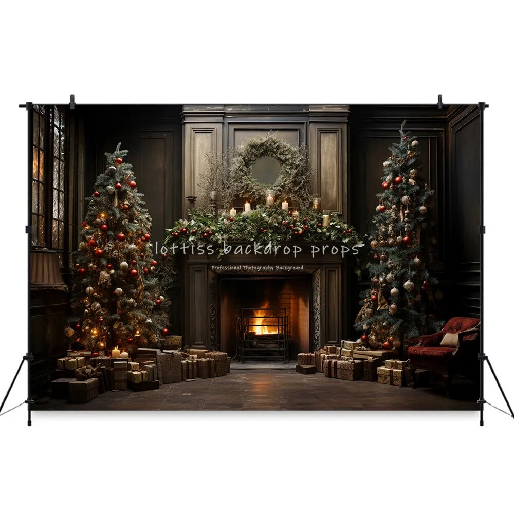 Retro Xmas Room With Fireplace Backdrop Child Baby Photography Props Adult Kids Photocall Decors Red Gifts Trees Background