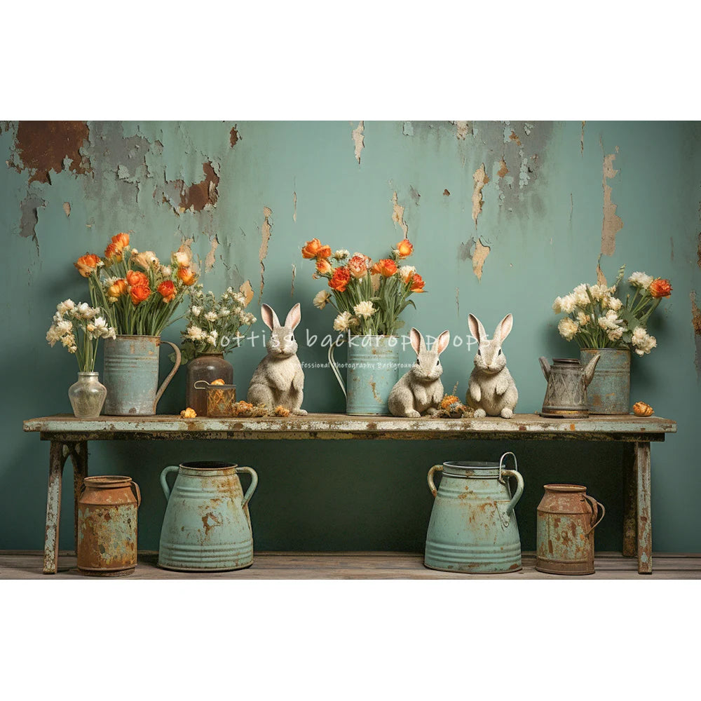 Easter Retro House Bunny Backdrops Kids Baby Photocall Child Adult Photography Spring Floral Vase Backgrounds