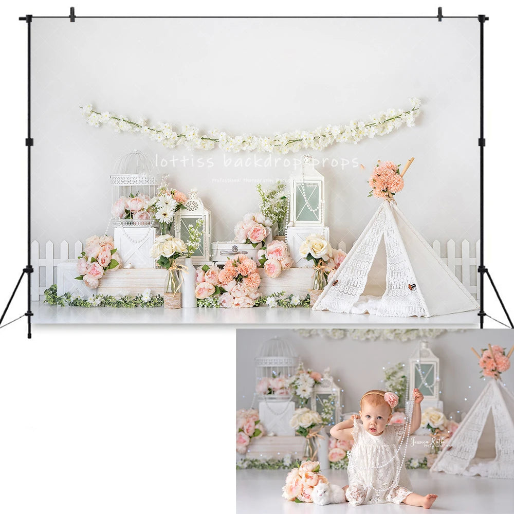 Vintage Floral Spring Backdrops Kids Baby Cake Smash Photography Child Adult Photocall Decors Pink Flower Tent Backgrounds