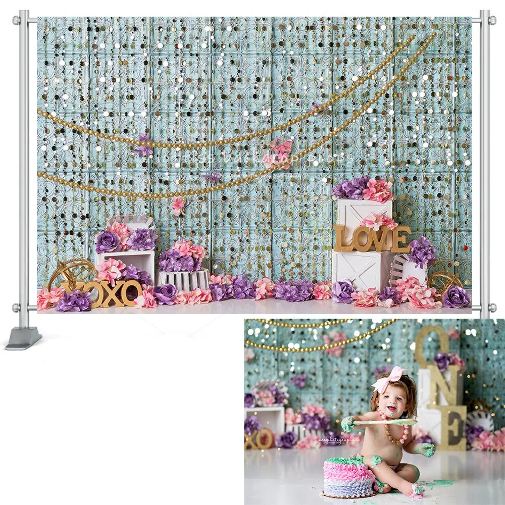 Flashing Curtain Kids Cake Smash Photography Backdrops Birthday Floral Baby Child Party Props Background Photostudio