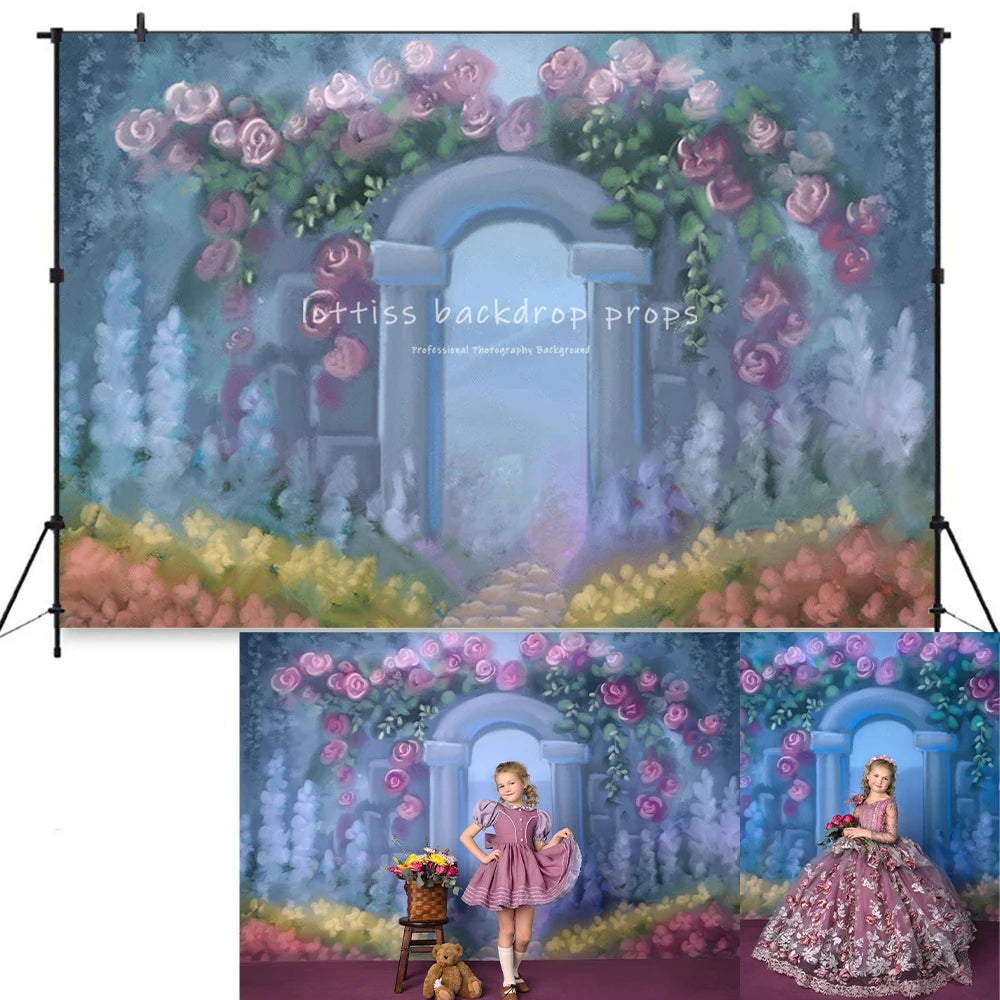 Spring Garden Entrance Backdrops Kids Baby Photography Prop Child Adult Photocall Decors Floral Plants Rose Arch Door Background