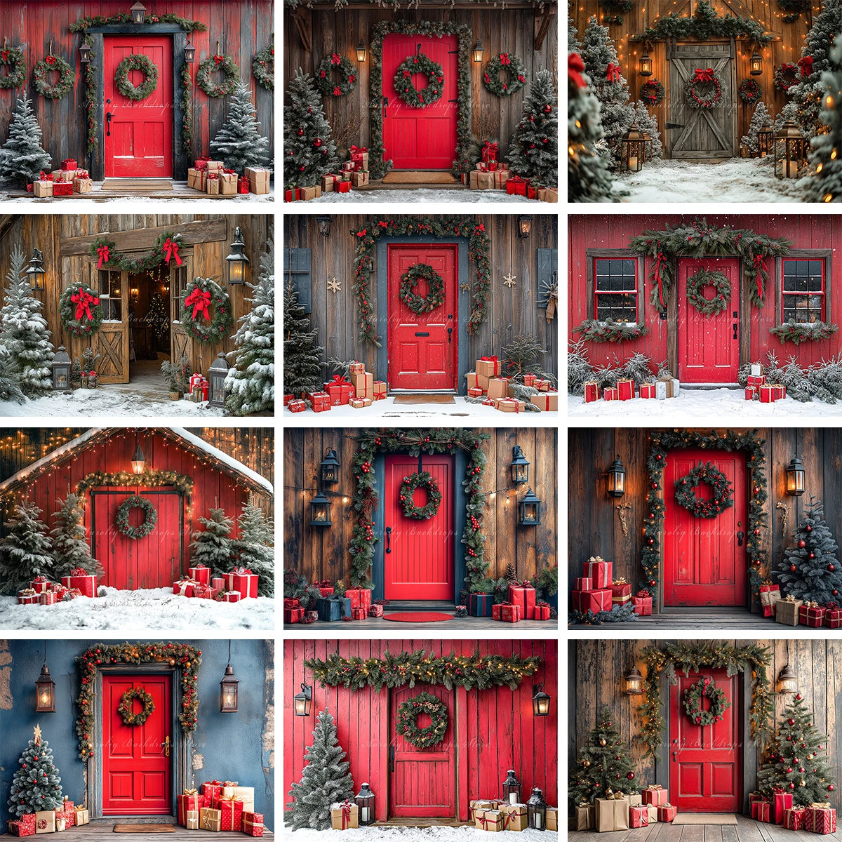 Christmas Red Door With Wreaths And Garlands Photography Backdrop Baby Kids Portrait Family Party Photocall Studio Backgrounds