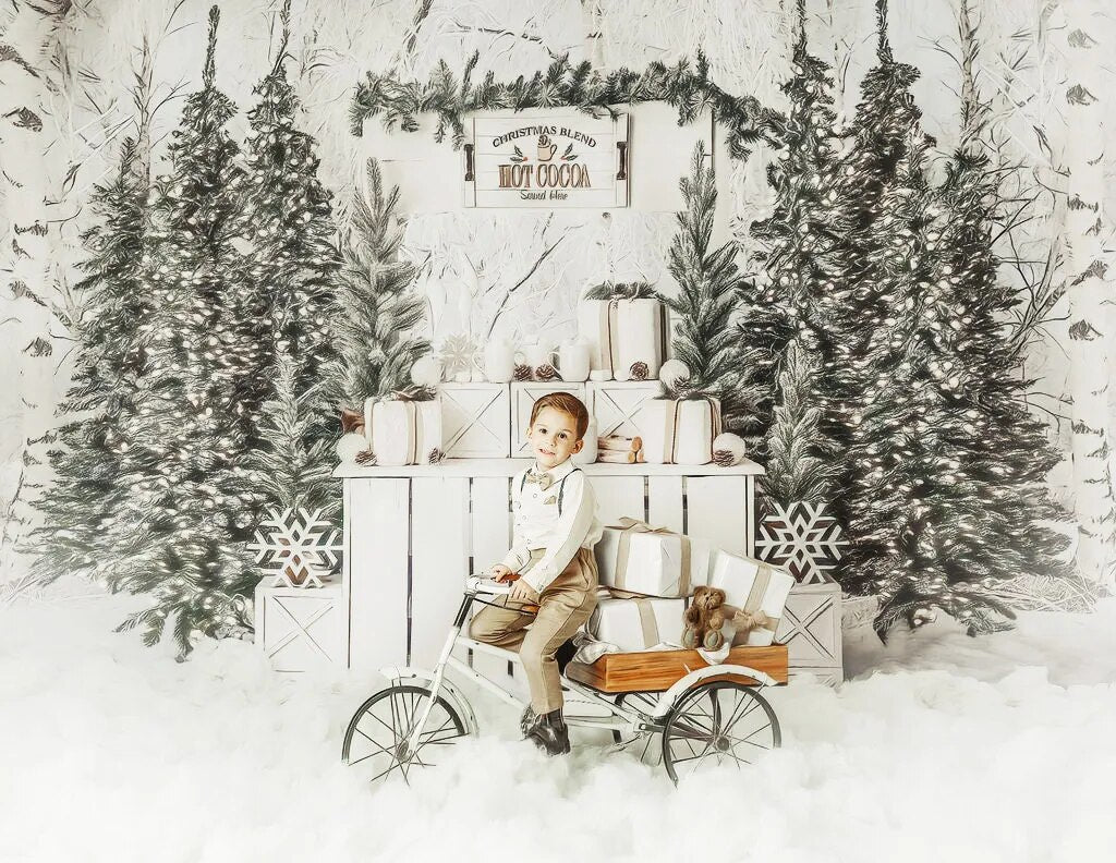 Creamy Cocoa Stand Backdrops Xmas Snowy Kids Baby Portrait Photography Family Photocall Christmas Forest Snowflake Background