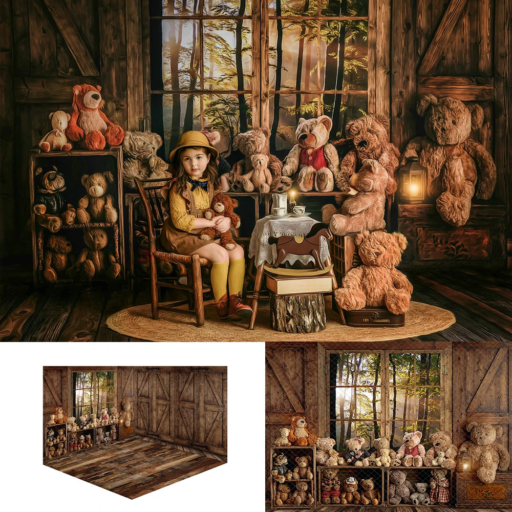 Beary Rustic Forest Wooden House Backdrops Kids Baby Photography Child Adult Photocall Decors Wood Board Wall Backgrounds